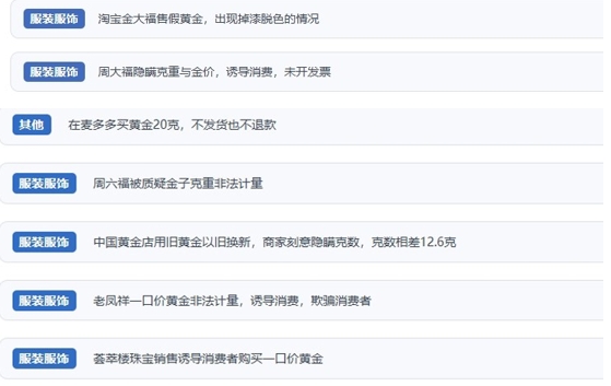 &nbsp; &nbsp; 網(wǎng)友涉及黃金消費(fèi)糾紛的相關(guān)投訴問題。（“人民投訴”用戶投訴截圖）
