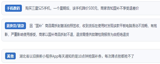 用戶投訴“618”大促期間使用“國(guó)補(bǔ)”消費(fèi)中遇到的典型問(wèn)題。（“人民投訴”平臺(tái)截圖）